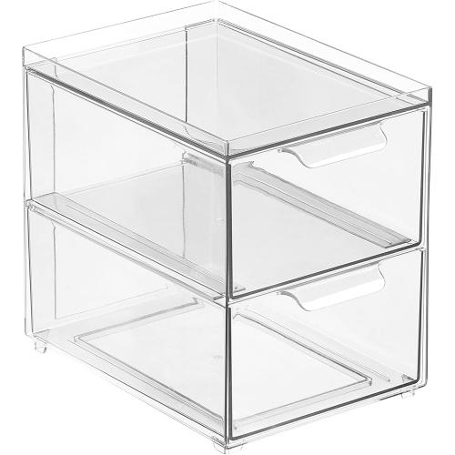 mDesign Stackable Storage Containers Box with 2 Pull-Out Drawers - Stacking Plastic Drawer Bins for Master or Guest Bathroom, Linen Closet, Vanity, Makeup Table Lumiere Collection 4 Pack, Clear