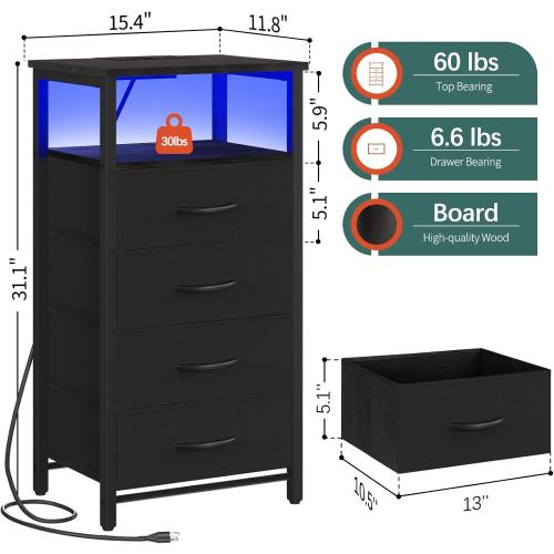 Yoobure Night Stand - Small Dresser for Bedroom, LED Black Nightstand with Charging Station, Bedside Table with 4 Fabric Drawers and Open Shelf, Vertical Dressers with USB Ports and Outlets may have missing accessories