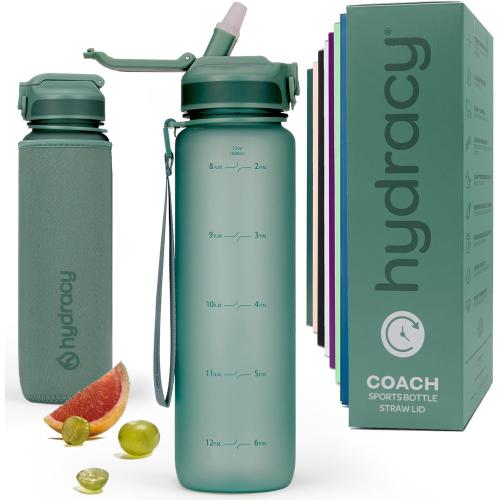 Hydracy Water Bottle with Time Marker -Large BPA Free Water Bottle & No Sweat Sleeve -Leak Proof Gym Bottle with Times to Drink - Ideal for Fitness Sports & Outdoors