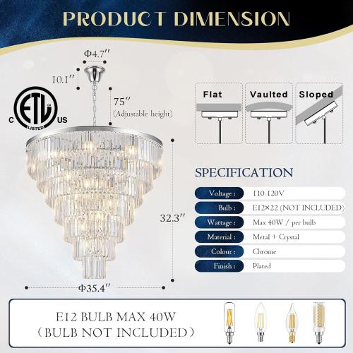 Chrome Crystal Chandelier Large 36 Modern Round Staircase Chandeliers 22 Lights 7-Tier Luxury K9 Crystal Ceiling Pendant Light Fixture for Tall Ceiling Living Room Foyer