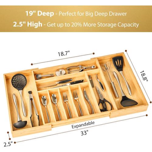 Umilife Extra Large Expandable Kitchen Siverware Utensils Drawer Organizer, 19 Deep for Big Drawer, Adjustable Bamboo Wood Drawer Divider with Curved Grooves, Cutlery Tray Flatware Holder