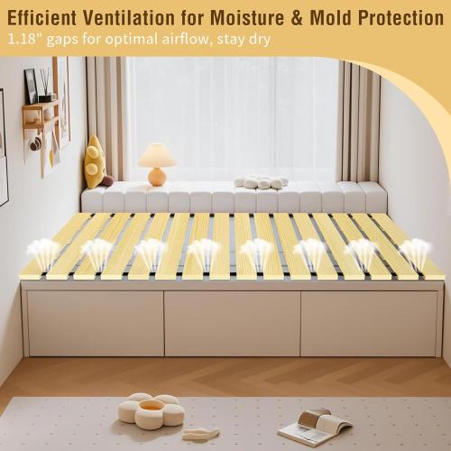 Japanese Tatami Mat Floor Bed, Knotless Solid Wood, Roll-Up Slatted Bed Plate with 2 Storage Straps, Moisture-Proof and Breathable for Floor Sleeping or Futon Mattress, Queen