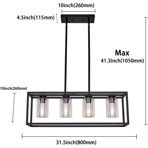 XILICON Black Dining Room Chandeliers Lighting Fixture Linear Pendant Modern 4-Light with Glass Shades Vintage Farmhouse Ceiling Light Hanging for Kitchen Island Cafe Bar