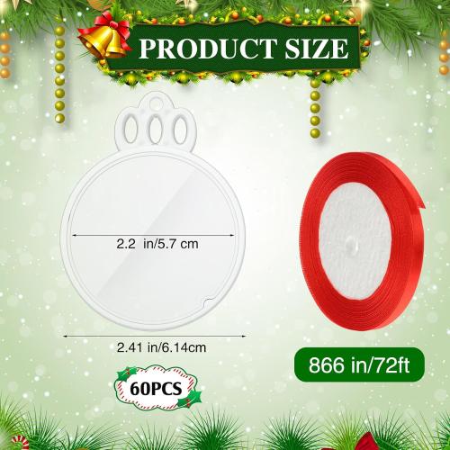 60 Pcs 2026 Christmas Clear Round Frame Ornaments with Red Ribbon, Acrylic Blank Round Photo Frame Bulk, Hanging Photo Ornaments for Christmas Tree Decoration (Crown Style)