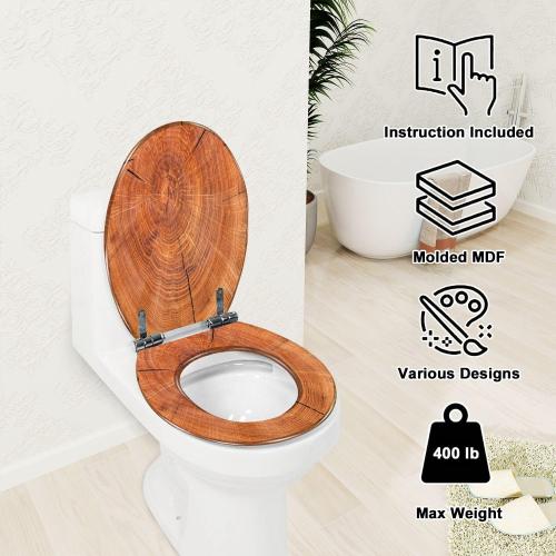 Elongated Toilet Seat Thick tree cut rings Resin Toilet Seat with Quietly Close Quick Release Hinges Decorative Toilet Seat with Cover Easy to Clean and Install Rustic Bathroom Decor