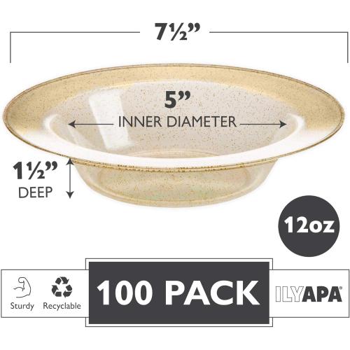 Ilyapa 100 Pack 12 ounce Gold Plastic Bowls, 12 oz Heavy Duty Disposable Plastic Bowl, for Salad, Soup and Dessert, Wedding, Party Brunch, Gold Glitter