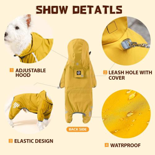 Dog rain Coat with Leash Hole and Reflective Strap - Adjustable Drawstring for Small Medium Dogs - Full-Body Coverage Water Resistant Jacket (Yellow, Small)