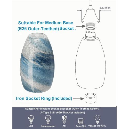 Oval Glass Pendant Lamp Shade - Grey Blue Art Glass Light Covers for Kitchen Island Pendant Light Fixtures Replacement