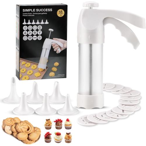 Cookie Press for Baking, Spritz Cookie Press, Cookie Press Gun Kit with 12 Cookie Press Discs and 6 Icing Tips, for DIY Biscuit Maker, Cake Icing Decoration,White