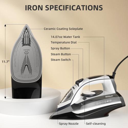 1700W Steam Iron for Clothes Rapid Heating, Stick Ceramic Soleplate, 3-Way Auto-Off, Burst of Steam, 14.07oz Water Tank Ironing Clothes for Home