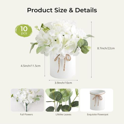 Auihiay 10PCS Flower Centerpieces for Tables, Hydrangea Artificial Flowers with Metal Vase, Artificial Rose Baby's Breath Flower Bouquets for Spring Wedding Bridal Tea Party Table Home Reception Decor