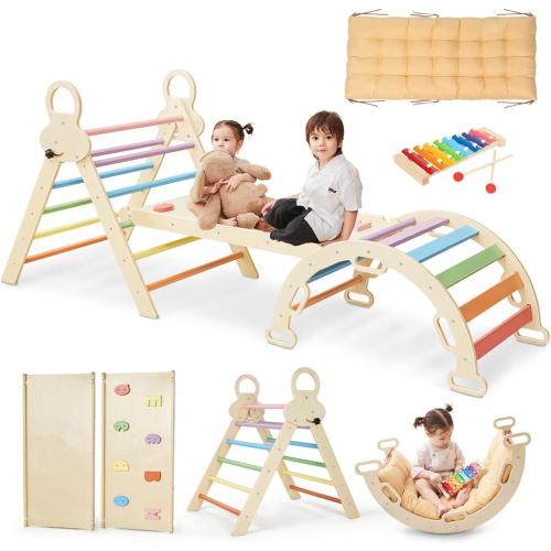 Pikler Triangle Set for Kids, 8 in 1 Colorful Montessori Large Climbing Toys for Toddlers 1-6 Inside with Ramp, Arch and Foldable Triangle, Wooden Child Indoor Playground