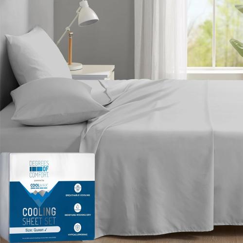 Degrees of Comfort Coolmax® Cooling Bed Sheets Queen Size for Hot Sleepers, Moisture Wicking Sheet Set for Night Sweats, Deep Pocket, Ultra Soft, Cozy for Summer, Light Grey 4 Pieces