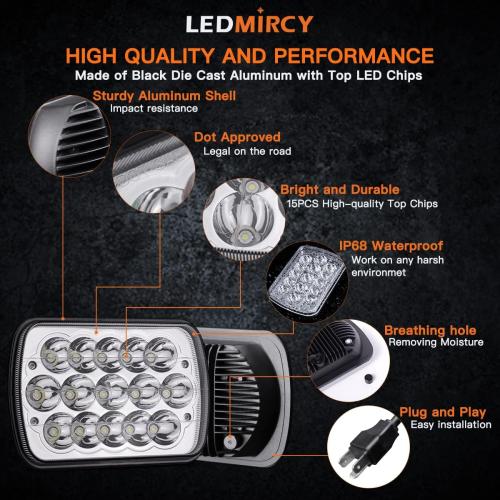 LEDMIRCY H6054 LED Headlights, 5x7 LED Headlights Rectangular 2PCS 90W High Low Sealed Beam Square 7x6 Headlight DOT Approved for Truck Chevy Cherokee Tacoma Ford Van Sedans H5054 H6014 H6052 6053