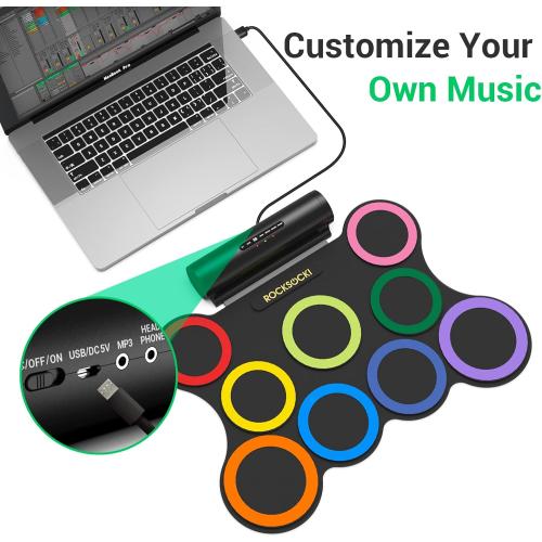 Electric Drum Set 9-Pad With Headphone, Bigger Roll-up Drum Pad USB MIDI Game, Built-in Speaker, Drum Sticks, Foot Pedals 10 Hours Playtime Holiday Xmas Birthday Gift for Kids