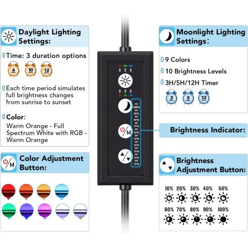 hygger Sun Moon LED Aquarium Light, Full Spectrum Fish Tank Light Day-Night Dual Timer, Adjustable 6 Timer 10 Brightness 8 Colors for Planted Freshwater Tank