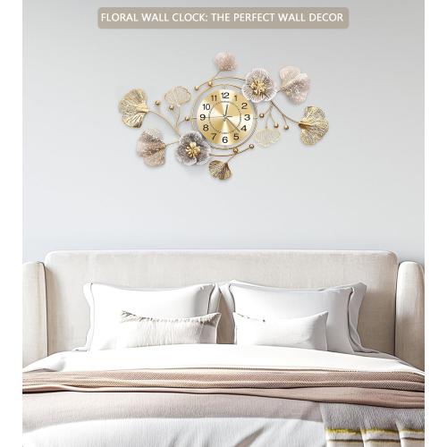 Clocks for Living Room, Large Wall Clock, 3D Silent Wall Clock, Retro Metal Ginkgo Leaf Design, for Bedroom Kitchen Decorative Wall Clocks（35''x20'' ）