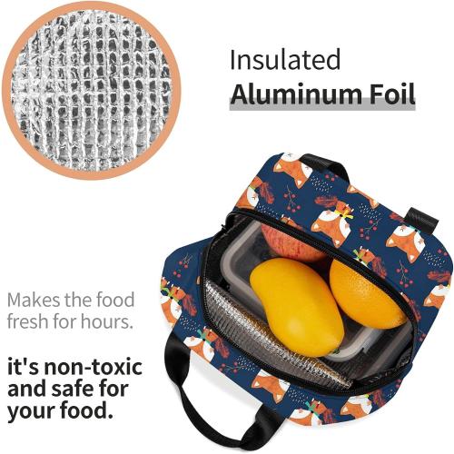 Cute Fox Lunch Bag for Women Small Insulated Lunch Box Leakproof Reusable Girls Lunchbag Office Work School Picnic Portable Black