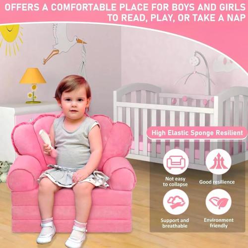 Pink Comfy Toddler Couch Sofa Lounger Toddler Bed for Seating Soft Princess Foldable Kids Couch Fold Out for Toddlers Children's Chairs for Birthday Gift 1-5