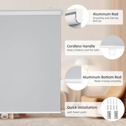 ChrisDowa Cordless Blackout Roller Shades for Windows, Thermal Insulated UV Protection Pull Down Shades, Total Blackout Window Blinds for Home, Office, Bedroom, Door (47 W x 72 H, Grey)