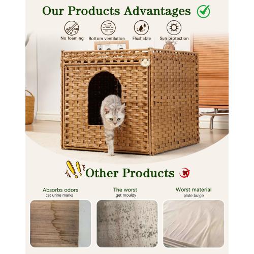 SETVSON Cat Litter Box Enclosure Furniture, Large PE Rattan Cabinet,Natural | Large PE Rattan Kitty House fits Large Litter Boxes, Included Litter Mat, 2 S-Hooks, Metal Frame, 21.6x26x21.6 In Cat Cabinet