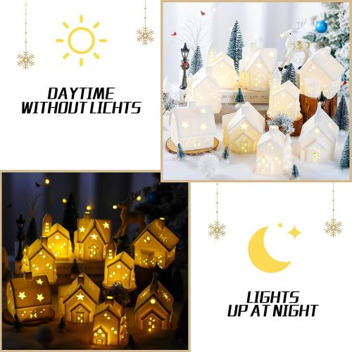 Set of 28 Ceramic Christmas Village Sets 8 Pieces White House with 18 Pieces Snow Tree 2 Lamp Vintage Christmas Decoration for Mantle Table Top Decor (Elegant)