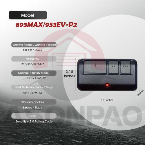 2 for 953EV-P2 953ESTD Universal Chamberlain LiftMaster Sears Craftsman Garage Door Opener Remote, 3-Year-Warranty