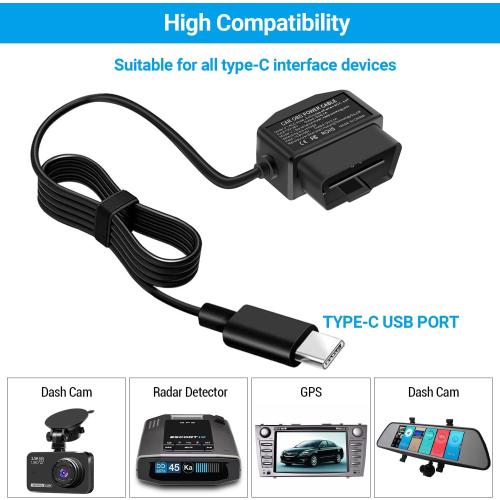 OBD Dash Cam Power Cable, Type-C USB Hardwire Kit ACC Mode with Switch