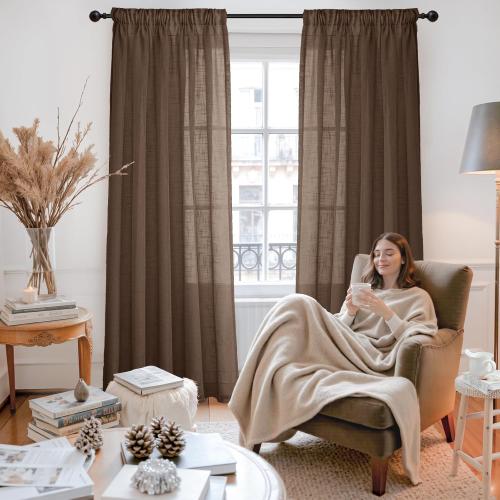 YoungsTex Brown Linen Curtains 84 Inch Length for Living Room - Chocolate Light Filtering Drapes Semi Sheer with Rod Pocket Back Tab for Bedroom, 2 Panels, 52 X 84 Inch