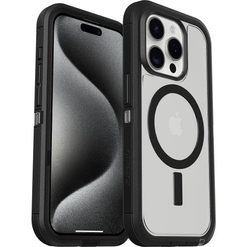 OtterBox iPhone 15 Pro (Only) Defender Series XT Clear Case - Dark Side (Black/Clear), screenless, Rugged, Snaps to MagSafe, Lanyard Attachment