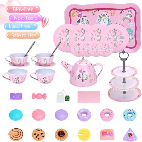 Auney Tea Set Girls Toys 36pcs, Tin Unicorn Tea Party Set Toy Pretend Play Gifts for Little Girls Age 3-6, Kids Toys Gifts for Toddlers Including Carrying Case (Unicorn Toy)