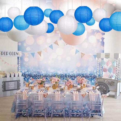 24pcs Hanging Round Paper Lanterns for Wedding Birthday Party Baby Showers Decoration Blue/White