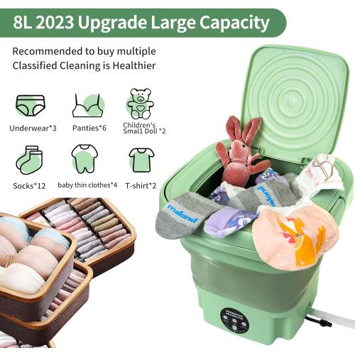 Portable Washing Machine,8L Mini Folding Bucket Washer with Drainage Pipe & 4 Clothes Clips for Socks Underwear Baby Clothes,Suitable for Apartment Camping RV Travel laundry (110V-240V) (Green)
