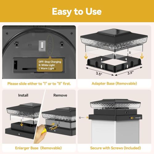 Solar Post Cap Lights, 12-Pack Upgraded Outdoor Deck Fence Post Solar Lights for 4x4 5x5 Wood/Vinyl Posts, IP65 Waterproof, 10-12 Hours Warm/Cool White Glow for Garden/Patio/Porch - Black