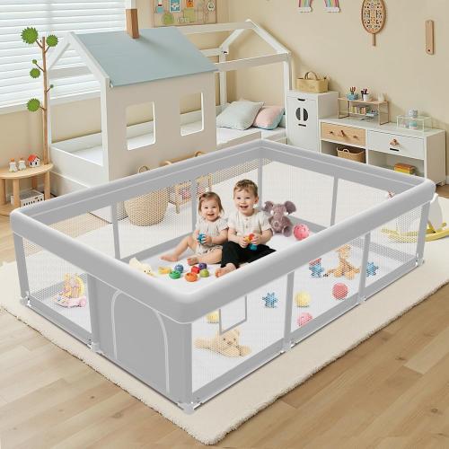 Grey Playpen for Babies and Toddlers, Play Pen Indoor & Outdoor Active Center, Sturdy Safety Playard with Anti Slip Suction Cups, Skin-Friendly Fabric, Large Space Baby Fence