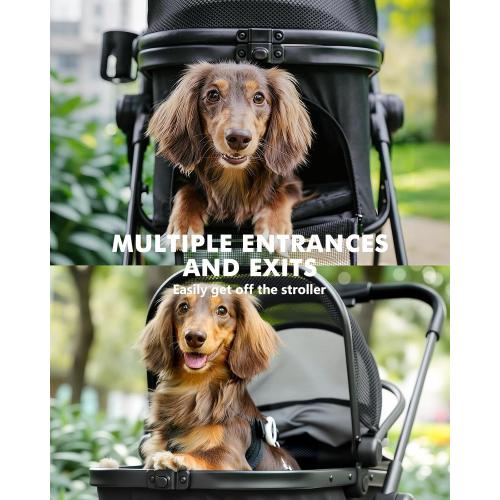 Pet Stroller for Small Dogs and Cats, One-Click Foldable Dog Stroller with Detachable Carrier & 3 Safety Tethers, Holds up to 33 lbs, Storage Basket & Cup Holder, Breathable Mesh, Black
