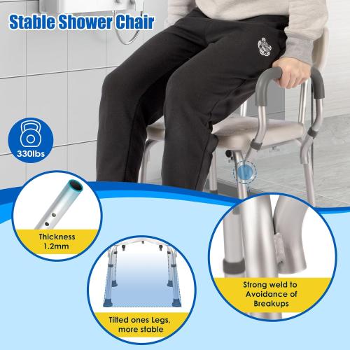Shower Chair with Arms and Back Heavy Duty 330lbs, Shower Seat for Inside Shower Bathroom Chair with U-Shaped Cutout Seat & Cold-Proof Pads, Tools-Free Assembly