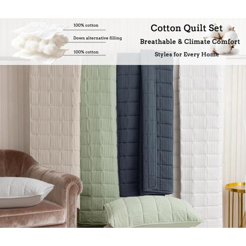 3 Pieces Oversized Cotton Quilt Set Super King Comforter with Pillow Shams 120x120 Ultra Soft Lightweight Bedspread Waffle Weave Quilted Bed Coverlets for All Season, Grey Blue