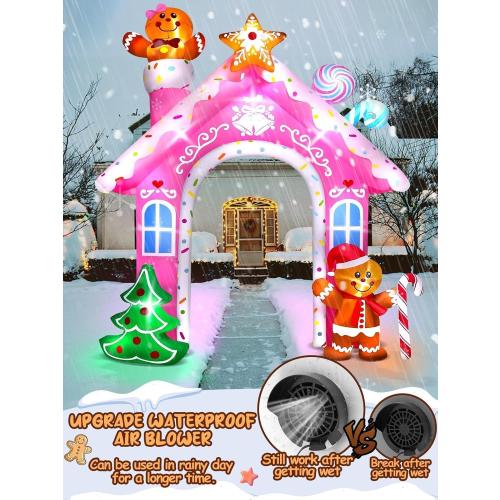 Kalolary 12FT Christmas Inflatable Archway Outdoor Decorations, Pink Christmas Gingerbread Man Inflatable Arch Blow Up Yard Decoration with Build-in LED Lights for Outdoor Yard, Lawn, Garden Decor