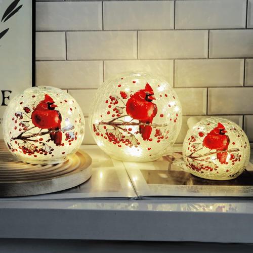 Crackle Glass Ball Cardinal Light Up Red Bird Stained Glass Christmas Decor Accent Lamp, Lighted Globe Table Orb Night Light, Mother's Day Gifts, LED Sphere Desk