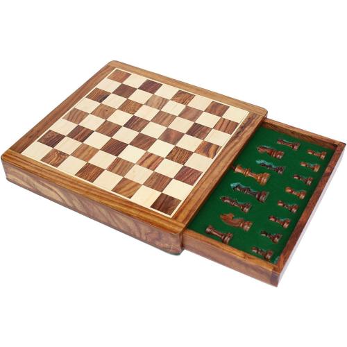 Wooden Chess Board Game Set with Magnetic Pieces (12 x 12 Non-Folding with Drawer)
