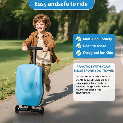 2-in-1 Ride-On Scooter Suitcase,Carry On Hardshell Ride On Suitcase Scooter for Kids Age 4-15, Multifunctional Ride On Lightweight Kids Luggage with Wheels(Size:Blue)