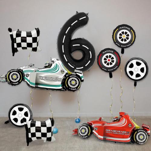 Number 6 Race Car Balloons, 43 Inch Race Car Party Decorations, Wheel Tire Balloon, Black and White Checkered Foil Balloons for Boys 6th Birthday Party Decoration - Pack of 9