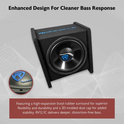 Rockville RV12.1C 600W 12 Loaded Car Subwoofer Enclosure with 1200W Mono Amplifier and Amp Kit, CEA-2006 Compliant, Ported Design, for Car Audio Systems