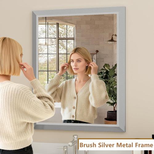 SMIROR Brushed Silver Bathroom Mirror for Over Sink, 36”x 30” Metal Thick Framed Rectangle Vanity Mirror for Wall, Right Angle Corner, Anti-Rust, Horizontally or Vertically Mounted