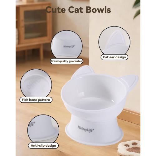 MateeyLife Raised Cat Bowls, Cat Food Bowl Elevated for Kittens & Small Dogs, 15°Tilted Protect Pets' Neck and Anti Vomiting, Whisker Friendly Food & Water Feeding Bowl, 6 oz Each - White