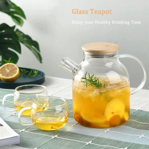 Glass Tea Pot Kettles Stovetop Safe, 60.8oz/1800mL Heatproof Borosilicate Glass Teapot Water Pitcher With Bamboo Lid and Removable Filter Spout for Loose Leaf and Blooming Tea
