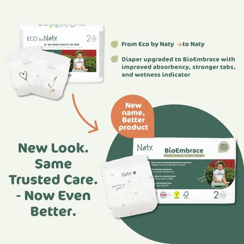 4 packs Naty BioEmbrace Baby Newborn Diapers Size 2 (6–13 lbs) | 100% Biobased on Skin | Plant-Based Softness | Dermatologically Tested, Super Absorbent | 33 Count