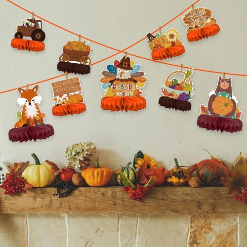 9PCS Premium Fall & Thanksgiving Party Decorations Set - Autumn Honeycomb Centerpieces, Table Toppers - Ideal as Fall Classroom Decorations, Thanksgiving Birthday Supplies & Autumn Party Decorations