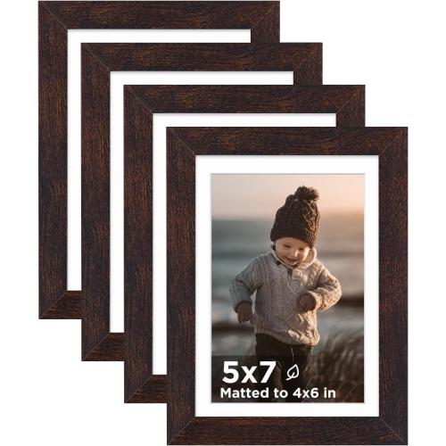 KINLINK 5x7 Picture Frame Brown Set of 4, Wooden Photo Frames Matted 4x6 with Plexiglass for 4x6 with Mat or 5x7 without Mat for Table and Wall Display